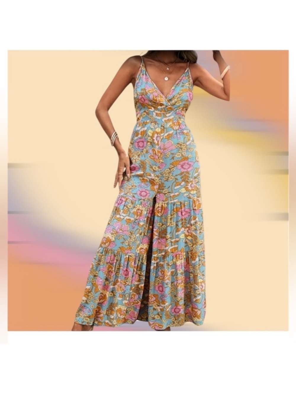 SHEIN Blue Floral Tiered Maxi Jumpsuit